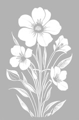 white graphic linear drawing of a branch of flowers on a gray background, design