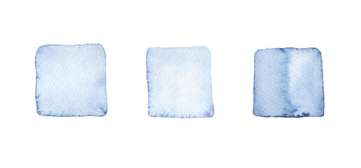 Three transparent blue ice cubes isolated on a white background, hand-drawn. Watercolor abstract square spots. A decorative element for the design, decoration, and beverage menu. An ice block.