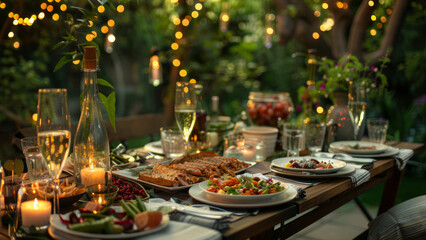 An elegant outdoor dining setting in a garden, complete with a beautifully arranged table, wine, and gourmet food, creating a festive and relaxed ambiance.
