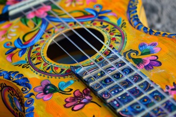 A lively close-up of a traditional Spanish guitar adorned with colorful ribbons and flowers, capturing the spirit of the carnival's musical extravaganza.