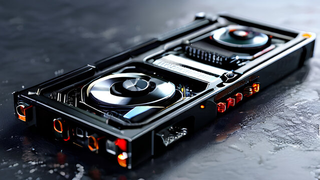 Close-up of a Computer Graphics Card on a Textured Gray Background