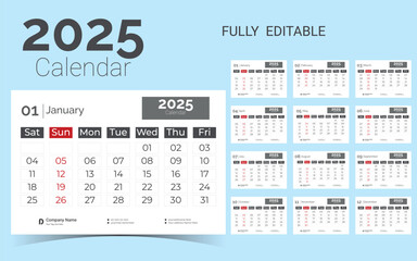 Corporate Desk Calendar Template Design for 2025.Set of Desk calendar vector design with  print template