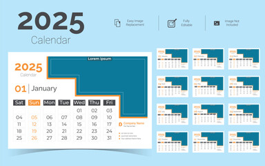 Corporate Desk Calendar Template Design for 2025.Set of Desk calendar vector design with  print template