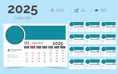 Corporate Desk Calendar Template Design for 2025.Set of Desk calendar vector design with  print template