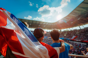 AI Image. Happy sport fans at stadium raising France flag and watching sports event