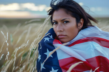 AI Image. Indigenous woman of the Americas wrapped in US flag