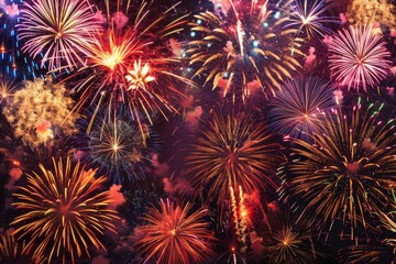 Fototapeta premium Experience the breathtaking display of vibrant fireworks illuminating the night sky with a mesmerizing blend of light and color.