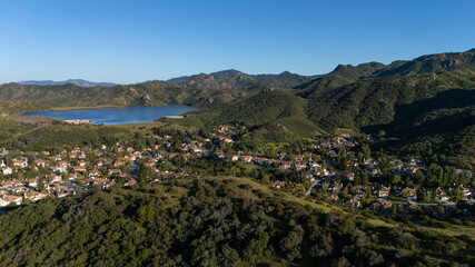 Aerial View of Las Virgenes Reservoir and Westlake Village, Ventura County, California 