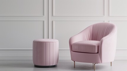 Chic lavender armchair accompanied by a coordinated stool and table, set against a white background, highlighting the luxurious fabric and contemporary design, ideal for a sophisticated interior