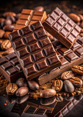 chocolate bars, cocoa beans, top view, milk, dark chocolate, variety, sweetness, dessert, candy, brown, sweet, vanilla, piece, food, natural, ingredient, recipe