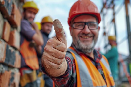 Expert Bricklayer in Safety Gear Approves Construction Quality