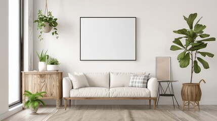 A living room with a white couch, a white framed picture, and a potted plant