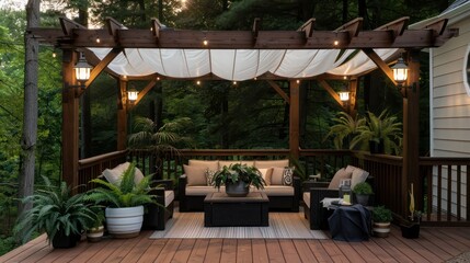 Fototapeta premium A patio with a wooden pergola and a white canopy