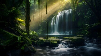 Panoramic view of beautiful waterfall in tropical rain forest. Nature background