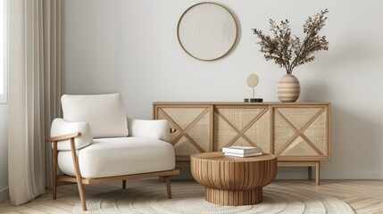 A living room with a white chair and a wooden coffee table