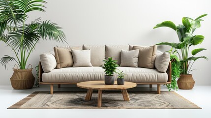 A living room with a white couch and a coffee table