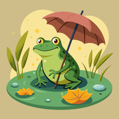 Vector illustration of a frog under an umbrella in a swamp: the natural world in one picture
