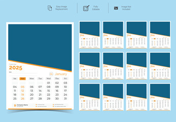 2025 Corporate Wall Calendar Template Design.Set of 12 pages calendar vector design with  print template