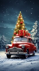 A red retro car, adorned with a Christmas tree and gifts atop, navigates snowy winter roads, spreading holiday cheer and nostalgia
