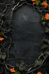 A black background with vines and orange flowers