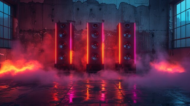 An industrial ambiance is created with a lineup of speakers against a grungy wall, bathed in red atmospheric smoke and cool lighting
