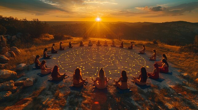 A group of women meditates in a circle on a hilltop, with the sun setting behind them and a constellation map displayed on the ground.