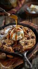 Decadent Pizookie with Melted Ice Cream and Caramel Drizzle on Rustic Wooden Table