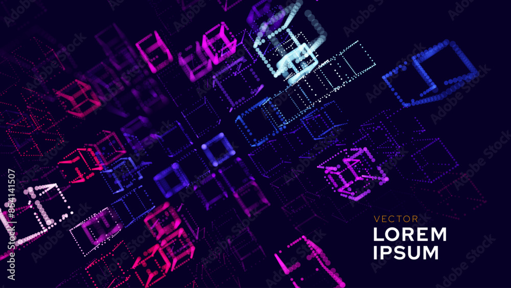 Poster Big Data 3D Cubes Quantum Computer Server Concept Background. 3D Blockchain Cube Blocks Concept. Data Core Abstract Cubes. Artificial Intelligence HUD Design Vector BG.