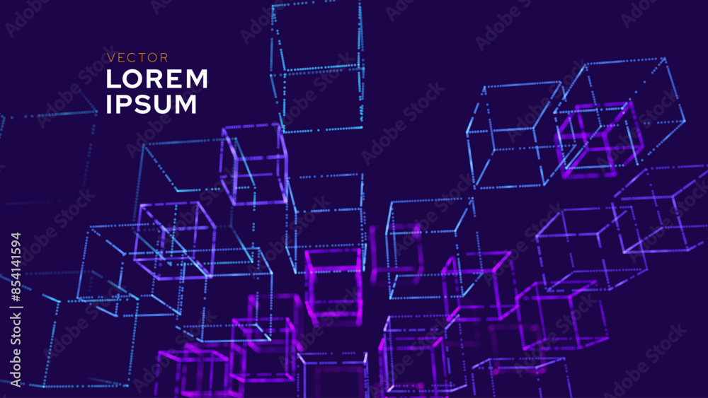 Poster Big Data 3D Cubes Quantum Computer Server Concept Background. 3D Blockchain Cube Blocks Concept. Data Core Abstract Cubes. Artificial Intelligence HUD Design Vector BG.