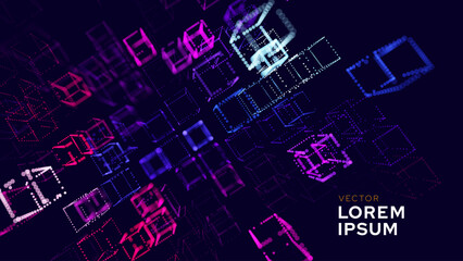 Big Data 3D Cubes Quantum Computer Server Concept Background. 3D Blockchain Cube Blocks Concept. Data Core Abstract Cubes. Artificial Intelligence HUD Design Vector BG.