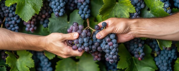 Two individuals are seen exchanging a bunch of grapes with a background of lush vines