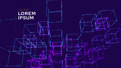 Obraz premium Big Data 3D Cubes Quantum Computer Server Concept Background. 3D Blockchain Cube Blocks Concept. Data Core Abstract Cubes. Artificial Intelligence HUD Design Vector BG.