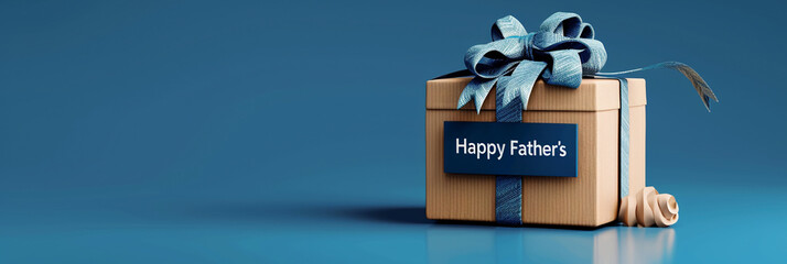 Sleek blue background with a gift box and a "Happy Father's Day" tag, in a top view.