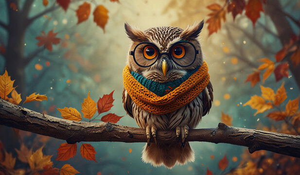 Abstract owl in fall setting hipster bird, knitted scarf, swirling autumn leaves.