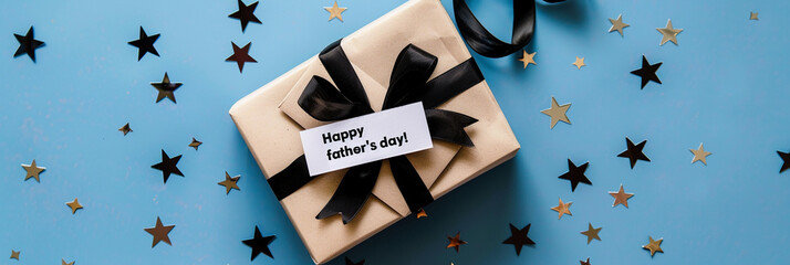 Sleek blue background with a gift box and a "Happy Father's Day" tag, in a top view.