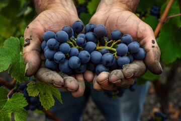 A farmer presents a ripe bunch of blue grapes with visibly soiled hands, vines in the background