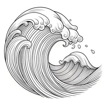 recommend clip art: illustration from children's coloring book, waves in the sea, black and white linear outline picture, ocean, summer, marine