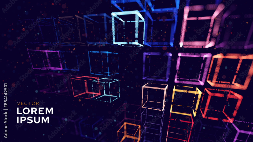 Poster Big Data 3D Cubes Quantum Computer Server Concept Background. 3D Blockchain Cube Blocks Concept. Data Core Abstract Cubes. Artificial Intelligence HUD Design Vector BG.