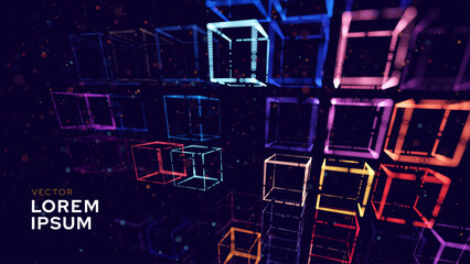 Big Data 3D Cubes Quantum Computer Server Concept Background. 3D Blockchain Cube Blocks Concept. Data Core Abstract Cubes. Artificial Intelligence HUD Design Vector BG.