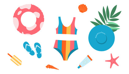 Set of beach accessories. Сolorful swimsuit, summer hat, inflatable ring, slippers, ice cream, shells, starfish, spf. Set of elements for design, stickers, scrapbooking.