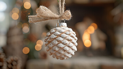 Pinecone ornament hanging with twine in front of blurred bokeh lights.