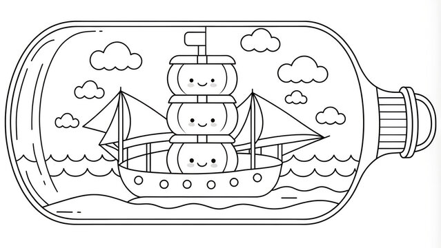recommend clip art: illustration from coloring book, ship in a bottle, black and white linear outline picture, sea, summer, marine children's craft, sails, waves