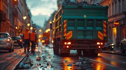 Waste collection vehicle with reflective stripes on a littered urban street during evening, with workers in the background