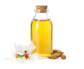 Bottle of almond oil, fresh nuts and beautiful flower isolated on white