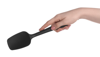 Woman with black spatula on white background, closeup