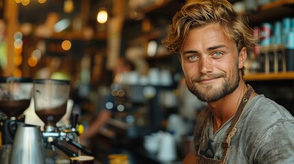 Fototapeta premium Charming and smiling barista serving customers in a modern, trendy coffee shop