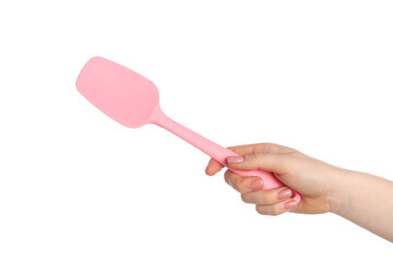 Woman with pink spatula on white background, closeup