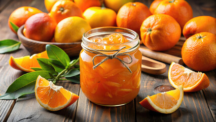 glass jar of orange jam, marmalade, preserves, orange slices, home recipe, kitchen, dessert, meal, preparation for the winter, citrus, sweet, confiture, food, natural, ripe, healthy