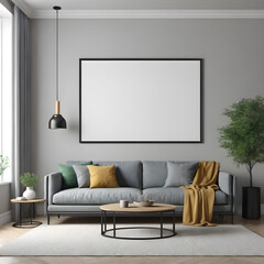 Interior of modern living room with gray sofa, coffee table and mock up poster on wall. 