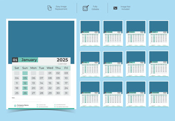 Corporate Wall Calendar Template Design for 2025.Set of 12 pages calendar vector design with  print template